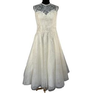 Alfred Angelo Tea Length Ivory Lace Sleeveless Wedding Dress - Women's Size 16